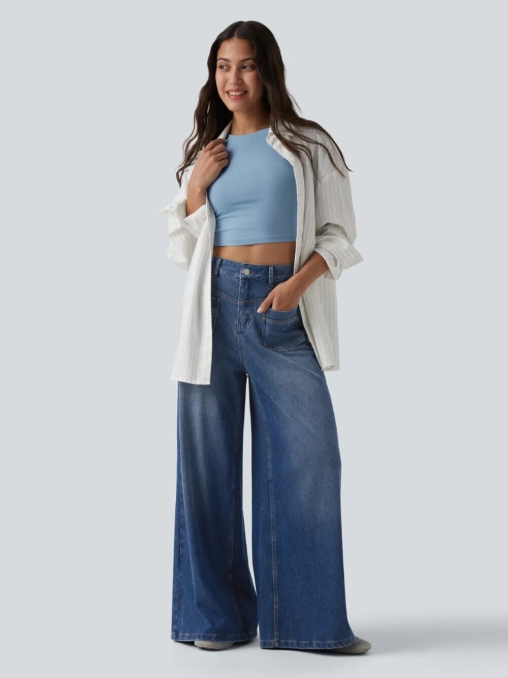 Halara Flex Mid-Rise Casual Baggy Jeans Pockets Women's Large Wide Leg Denim